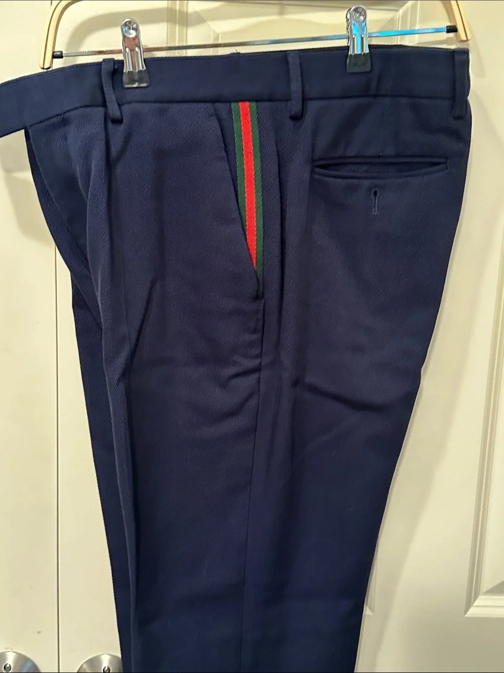 Gucci Men's Navy Dress Pants with Red and Green Trim
